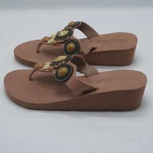 Olivia Miller Sandals Shoes Womens Size 7 Tan Beaded Thong Slip On